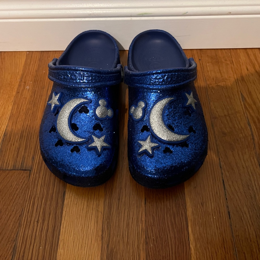 CROCS Blue Glitter Mules with Silver Accents